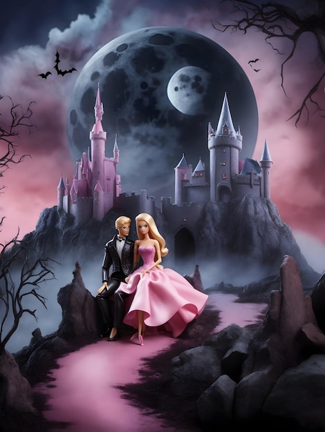 Barbie e Ken Imagem assustadora com uma paisagem assustadora e maligna com um castelo e uma grande lua ao fundo