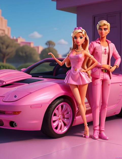 Barbie e Ken no carro rosa claro
