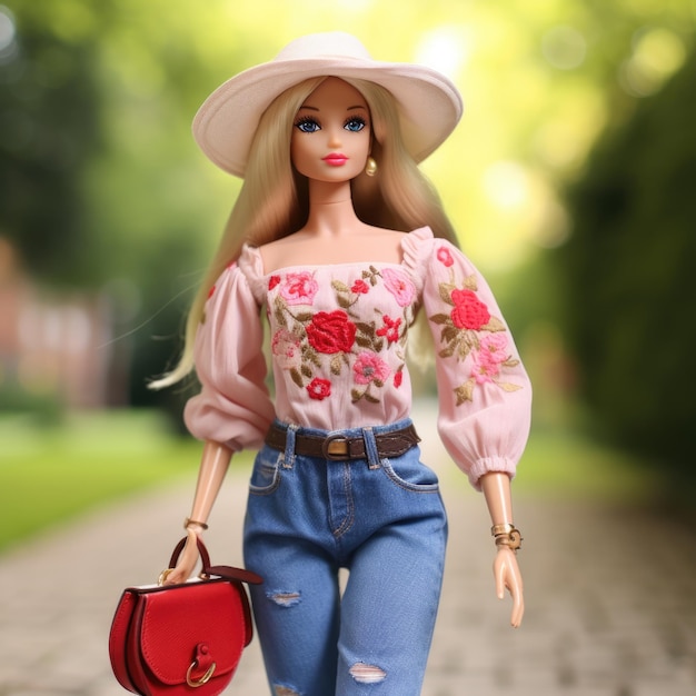 Barbie em camiseta com acabamento de crochê com um top curto e cunhas de  alpargatas generative ai