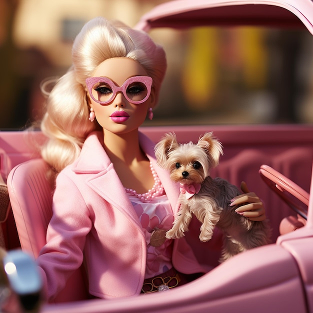 Barbie em rosa claro com óculos de sol em seu carro rosa claro