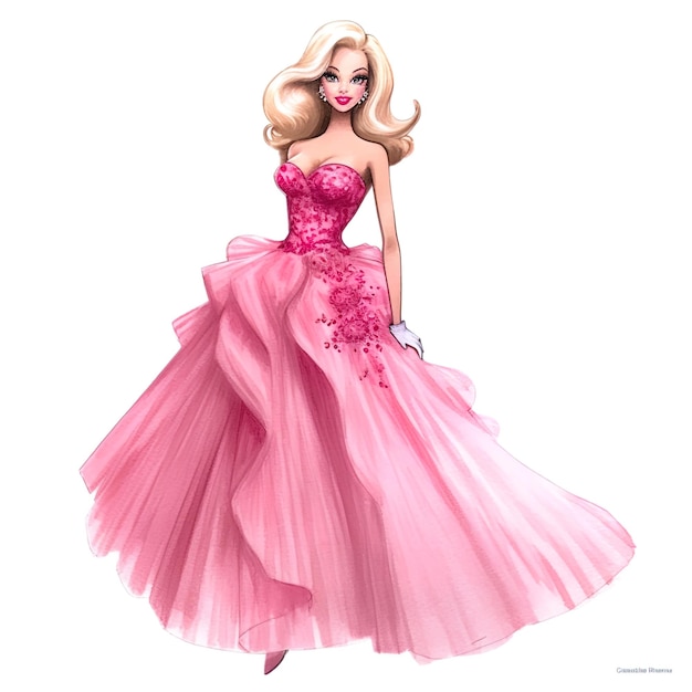 Barbie estilo acuarela fondo blanco traje rosa