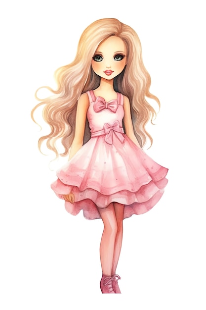Barbie estilo acuarela fondo blanco traje rosa