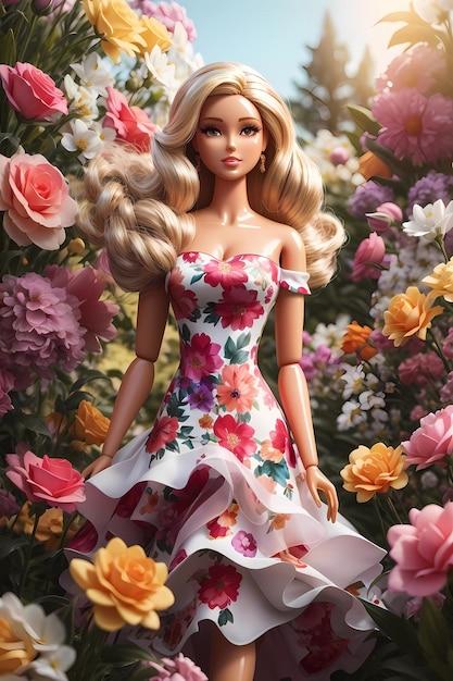 Barbie Fashionista Entre Flores Perfeito para Pôsteres e Papéis de Parede