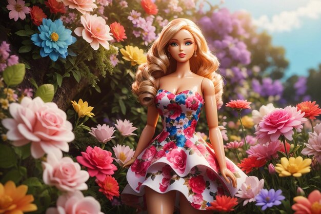 Barbie fashionista en medio de flores Ideal para fondos de pantalla, carteles y tarjetas