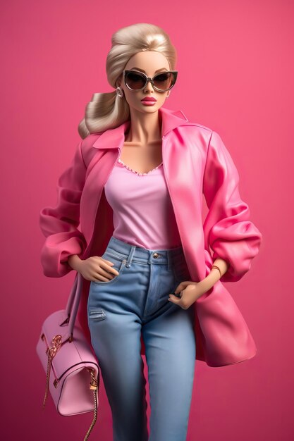 Barbie con gafas de sol y vaqueros con un bolso rosa en el estilo de composiciones monocromáticas