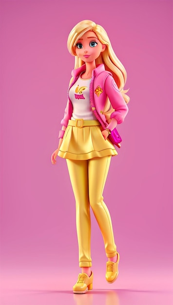Barbie, gelbes blondes Haar, mädchenhafter Körper, rosa Hintergrund