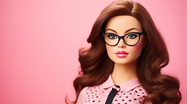 Barbie Girl com balões contra um fundo rosa