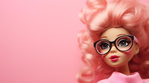 Barbie Girl con globos sobre fondo rosa