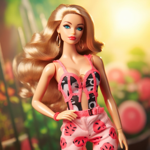 Barbie im Tanktop mit Wassermelonen-Print, Jeans im Used-Look und Gladiator-Sandalen von Generative AI