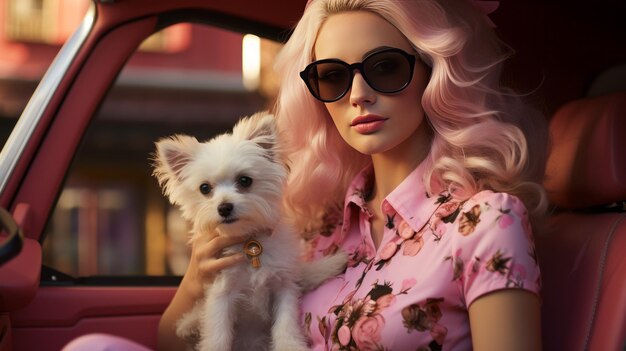 Barbie in Hellrosa mit Sonnenbrille in ihrem hellrosa Auto mit ihren kleinen 2 Mini-Bichon Frise