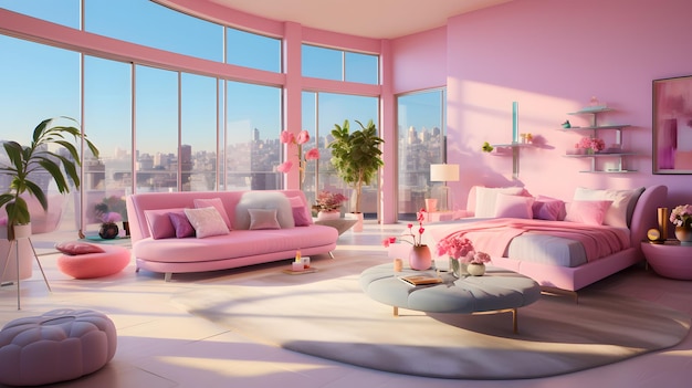 Barbie interior rosa e azul de sala de estar moderna com paredes rosa sofá rosa e mesa de café redonda