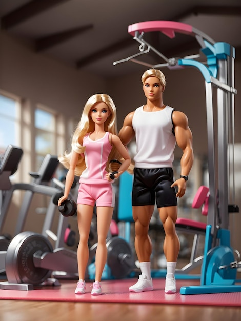 Foto barbie y ken en el gimnasio y haciendo ejercicio.