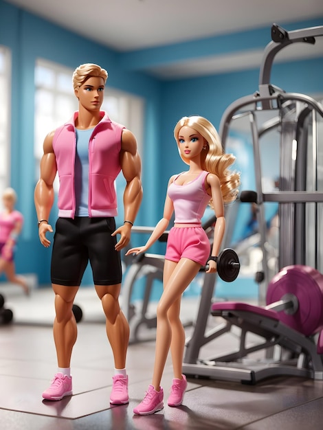 Foto barbie y ken en el gimnasio y haciendo ejercicio.