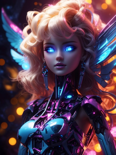 Barbie kosmischer gefallener Engel, leuchtende Augen, biomechanische, unheimliche, gruselige, alptraumhafte, sehr helle Farbe