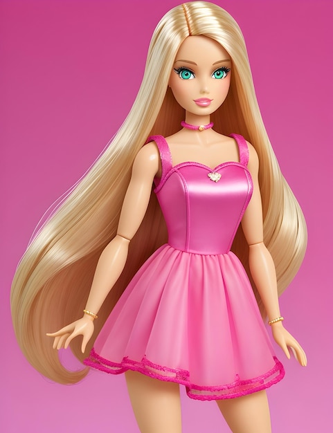 Foto barbie loira cabelo menina verão conjunto na moda com fundo rosa
