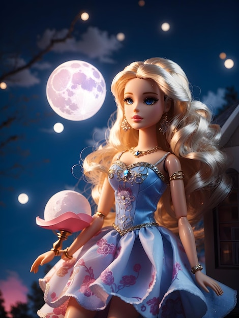 Una barbie con una luna luminosa nocturna en el cielo.