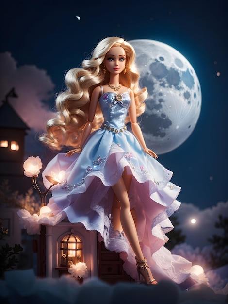 Una barbie con una luna luminosa nocturna en el cielo.