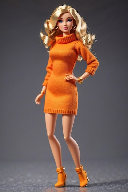 Barbie con un minivestido de punto de lana de fieltro naranja