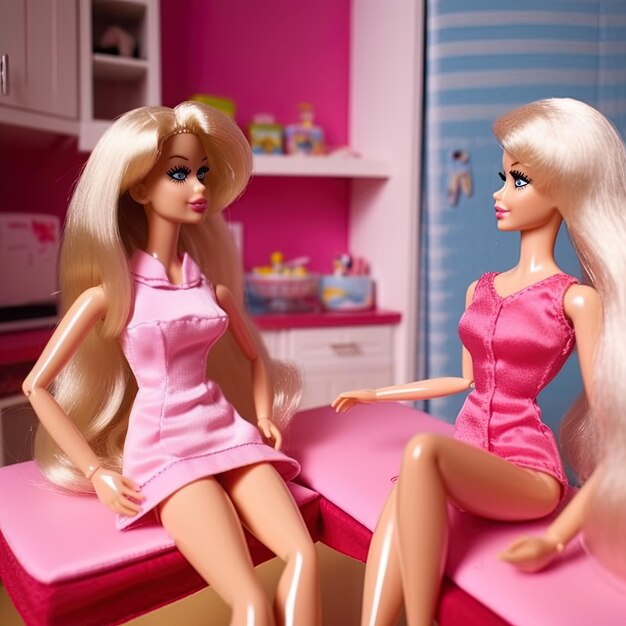 Barbie mit dem rosa Outfit, rosa Hintergrund, Nahaufnahme