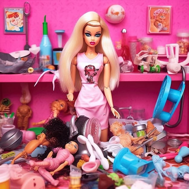 Barbie mit dem rosa Outfit, rosa Hintergrund, Nahaufnahme