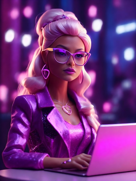 Barbie mit einem Neonlicht-Laptop