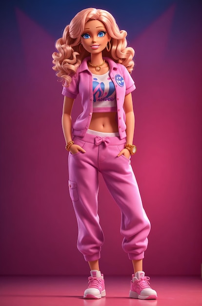 Barbie mit rosa T-Shirt und rosa Hintergrundfarbe