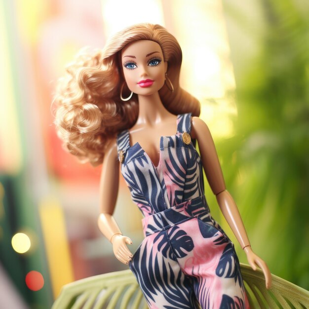 Barbie con mono con estampado de hojas de palmera, peto de mezclilla y sandalias de tiras AI generativa