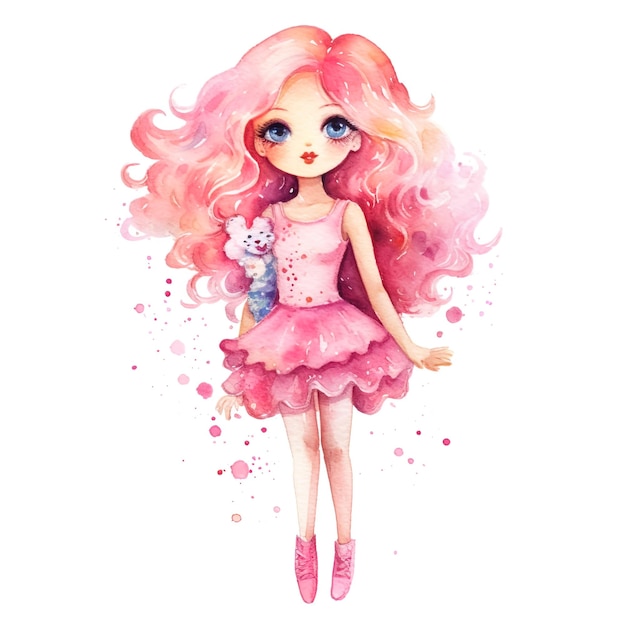 Barbie-Outfit im Aquarell-Stil mit weißem Hintergrund und rosa Hintergrund