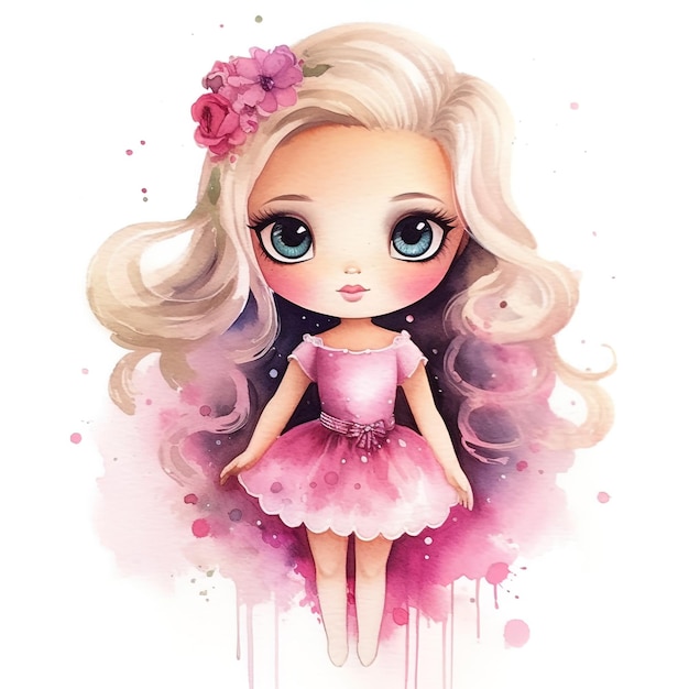 Barbie-Outfit im Aquarell-Stil mit weißem Hintergrund und rosa Hintergrund