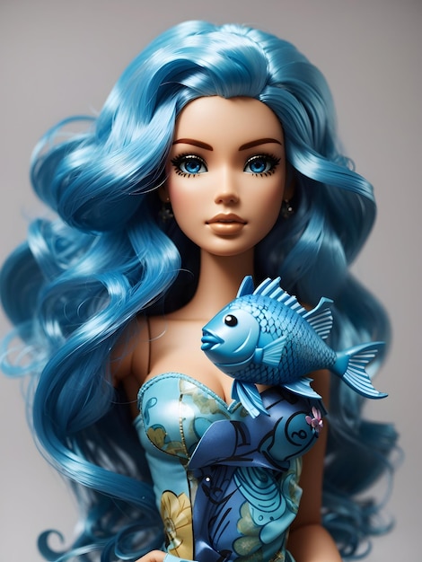 Una barbie con pelo azul y un pez azul en el pecho.