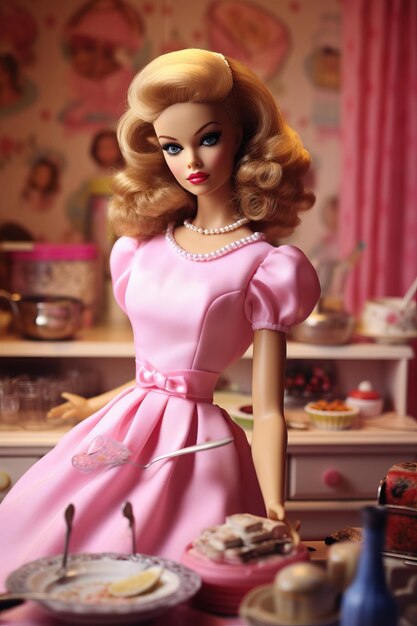 Foto barbie-puppe in rosa kleid mit rosa schleife auf der vorderseite.