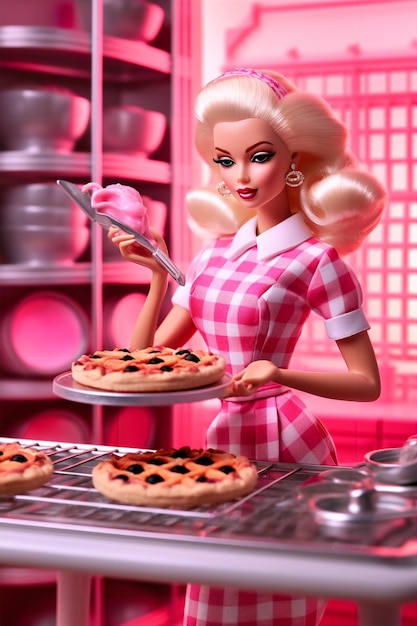 Foto barbie-puppe kocht in der küche spielhafte rosa palette für kulinarische abenteuer