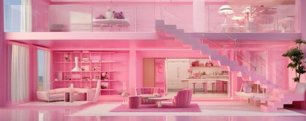 Foto barbie-puppe, rosa interieur, modernes haus, alle möbel sind rosa, panorama generative ai