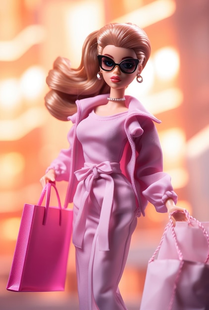 Barbie-Puppe Shopaholic in trendigem Outfit, die einen rosa Einkaufspaket-Hintergrund mit einer Stadt hält