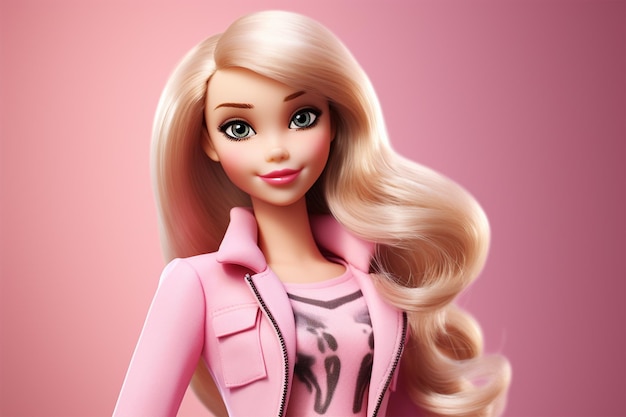 Barbie-Puppe, süßes blondes Mädchen-Outfit, rosa Jacke, Hintergrunddesign
