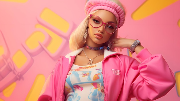 Foto barbie-puppe süßes blondes mädchen-outfit rosa tapeten-hintergrunddesign