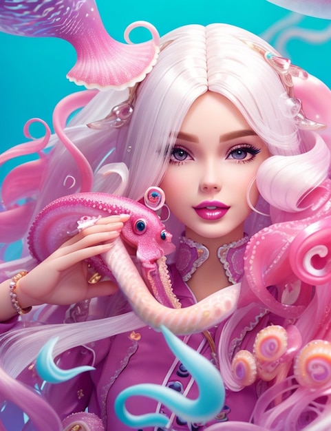 Barbie-Puppe Weißhaar Oktopus Fisch Quallen