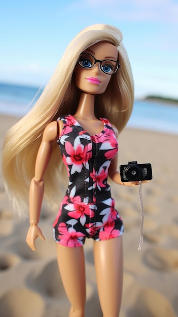 Barbie en un romper floral de playa disparado generativo Ai