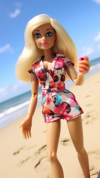 Barbie en un romper floral de playa disparado generativo Ai