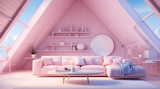 Barbie rosa interior de la moderna sala de estar abuhardillada con paredes de color rosa, suelo de madera, sofá rosa y libros