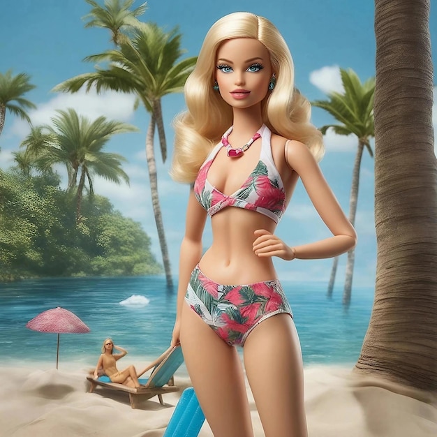 Foto barbie rubia en traje de baño de playa