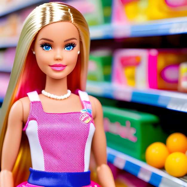 barbie sonriente con fondo borroso de supermercado