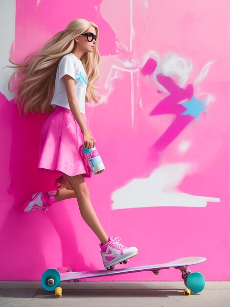 Barbie sosteniendo pintura en aerosol rosa y pintura en aerosol