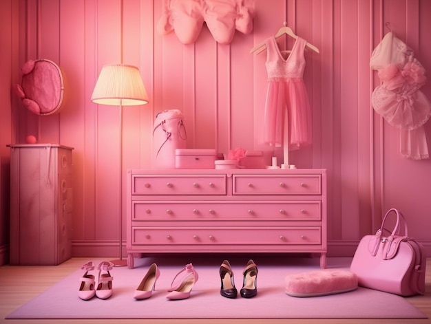 Barbie-Stil mit Kleidung, Schuhen, Kleid und Schrank im Schlafzimmer