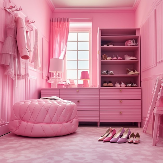 Barbie-Stil mit Kleidung, Schuhen, Kleid und Schrank im Schlafzimmer