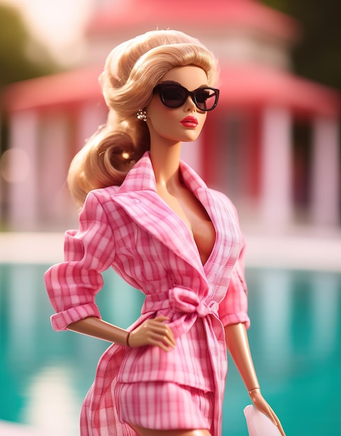 Barbie trägt Casual-Kleidung mit einem von KI generierten Pool-Hintergrund