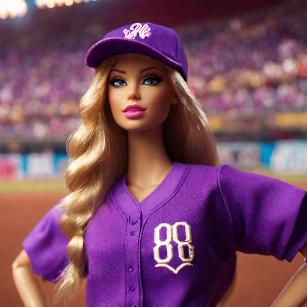 Barbie trägt ein buntes Baseballtrikot in einem Stadion