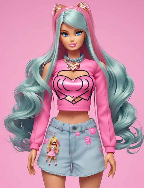 Barbie en traje de moda de verano sobre fondo rosa AI generada