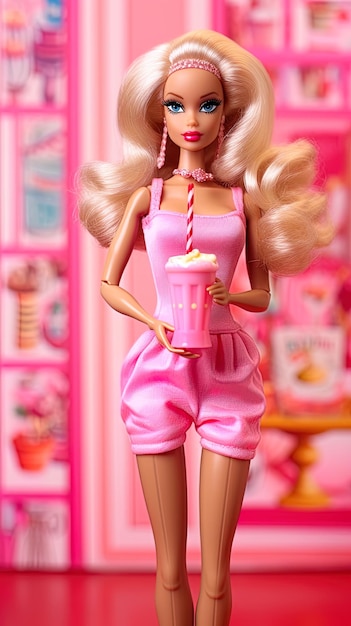 Foto barbie con el traje rosa de fondo rosa de cerca