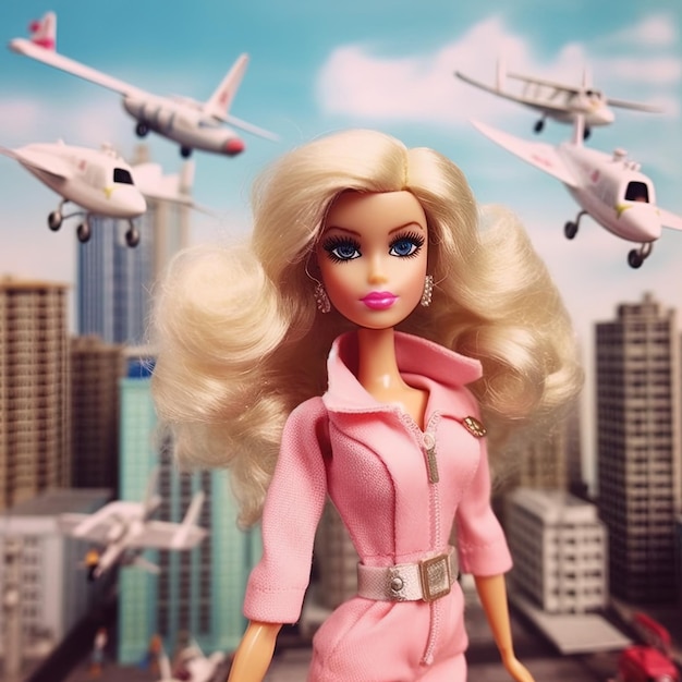 Barbie con el traje rosa de fondo rosa de cerca